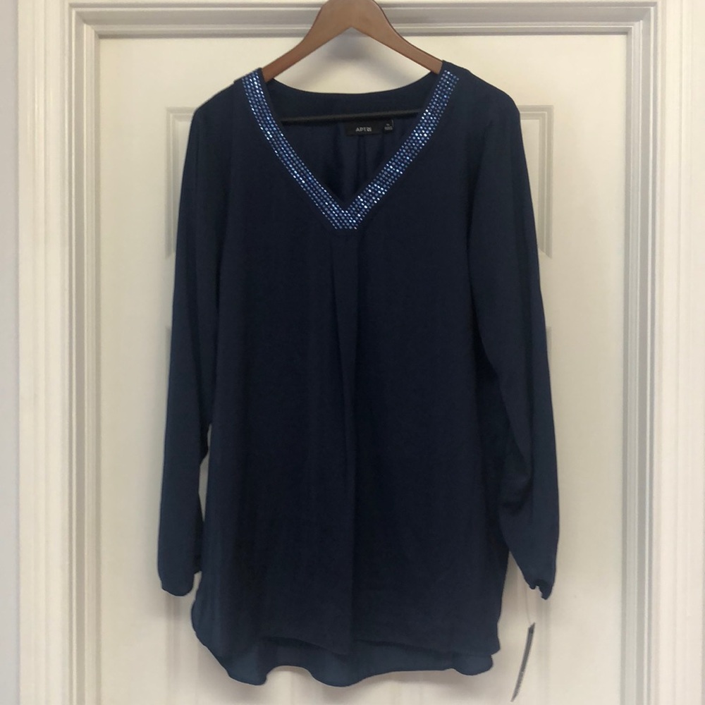 Navy Semi-sheer Tunic with Embellished V-neck